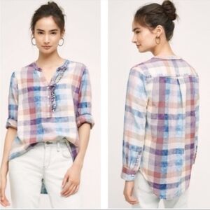 Anthropologie Isabella Sinclair Ruffle Henley Plaid Top Size Medium